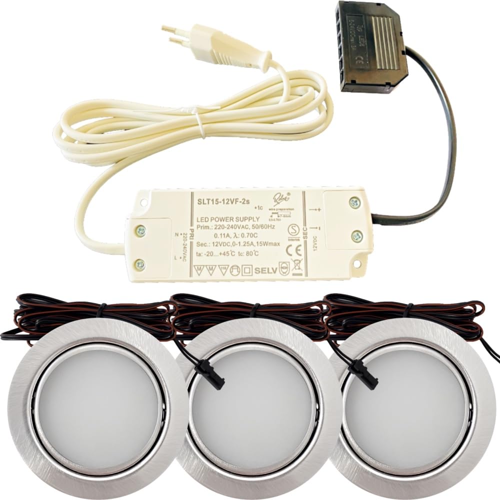3er Set LED Möbel Einbauleuchten in Edelstahl Gebürstet - Superflach 3W Warmweiß 3000K 180lm 12V mit 15W Trafo 230V Zuleitung - Spots für Wohnzimmer, Küche oder Bad