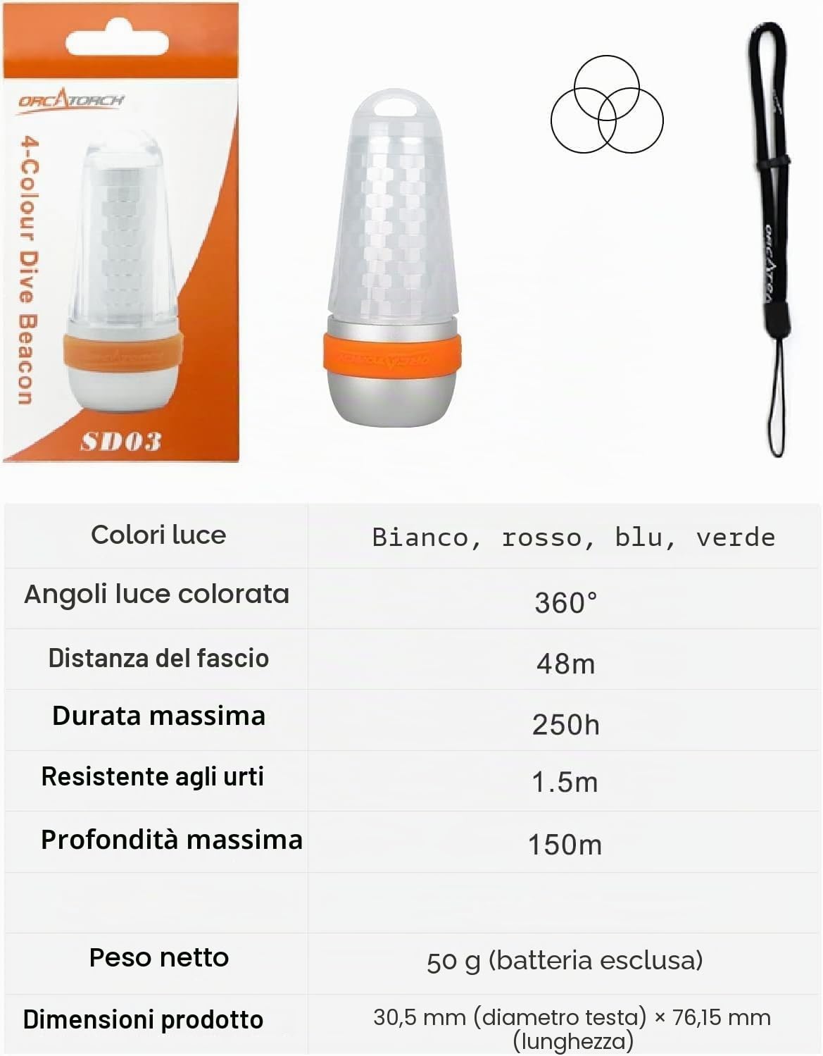 Orcatorch SD03 - Luce stroboscopica subacquea con luce rossa, bianca, verde, blu, per 100 m di profondità subacquea