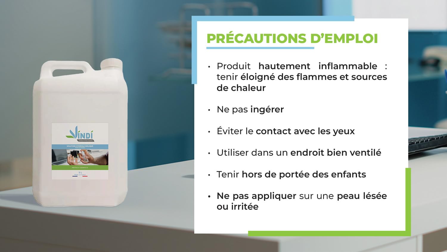 Vindi Désinfectant solution hydroalcoolique - Bidon de 5L - Fabrication Française - 76% d'alcool - Désinfection des mains et des surfaces - Virucide