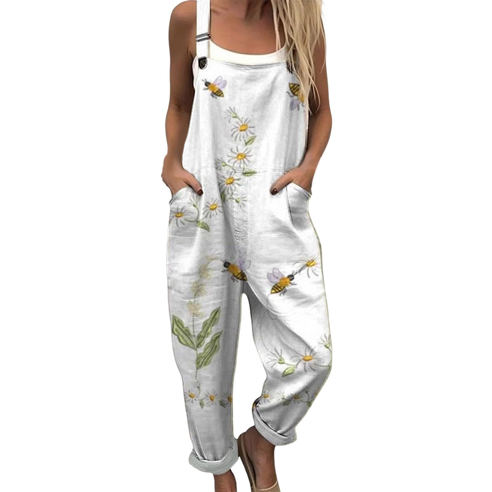 Generico Salopette Donna Estiva Lunga Elegante Tuta Jumpsuit Intera Curvy Casual Moda Stampa Jumpsuits Comoda Larga Pantaloni Da Lavoro Con Tasca Leggera Baggy Salopette da Casa Playsuit Mare