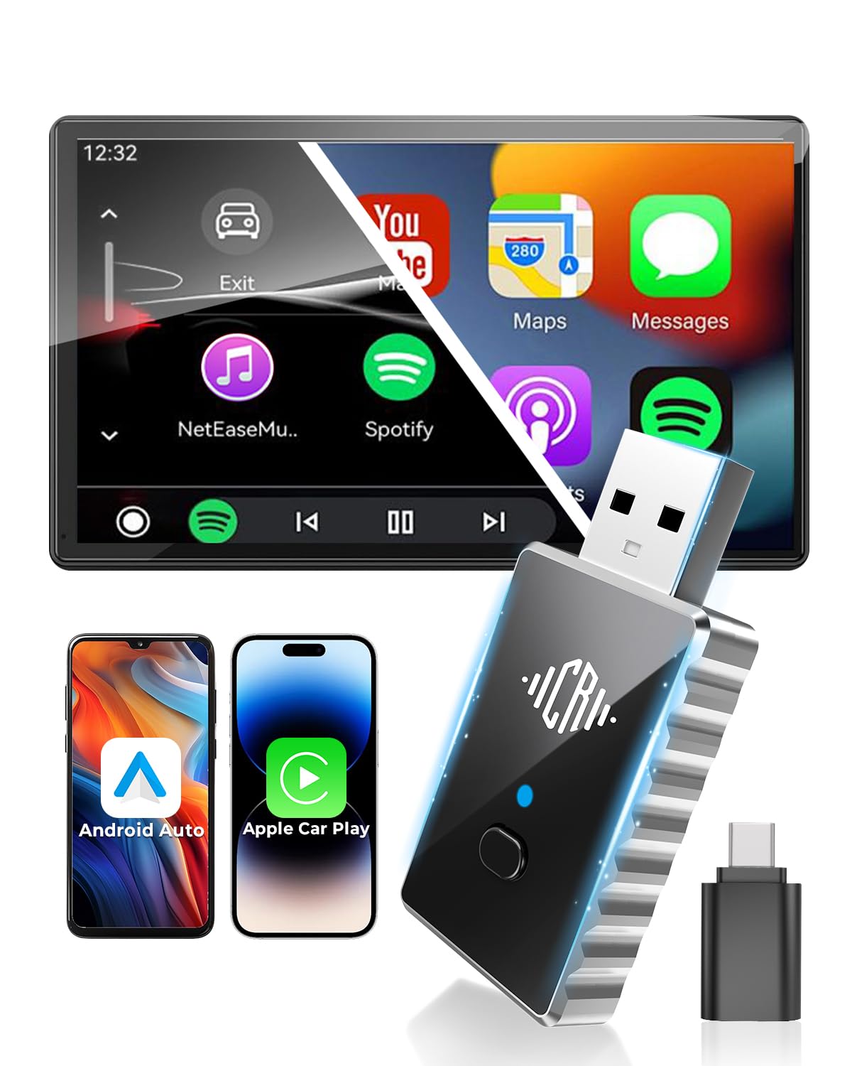 CEROAN 2-in-1 Wireless CarPlay Adapter & Android Auto Wireless Adapter for Cars - Convert Wired to Wireless with Bluetooth 5.3 & 5GHz WiFi, Auto Reconnect, Lag-Free for iOS/Android (Regular)