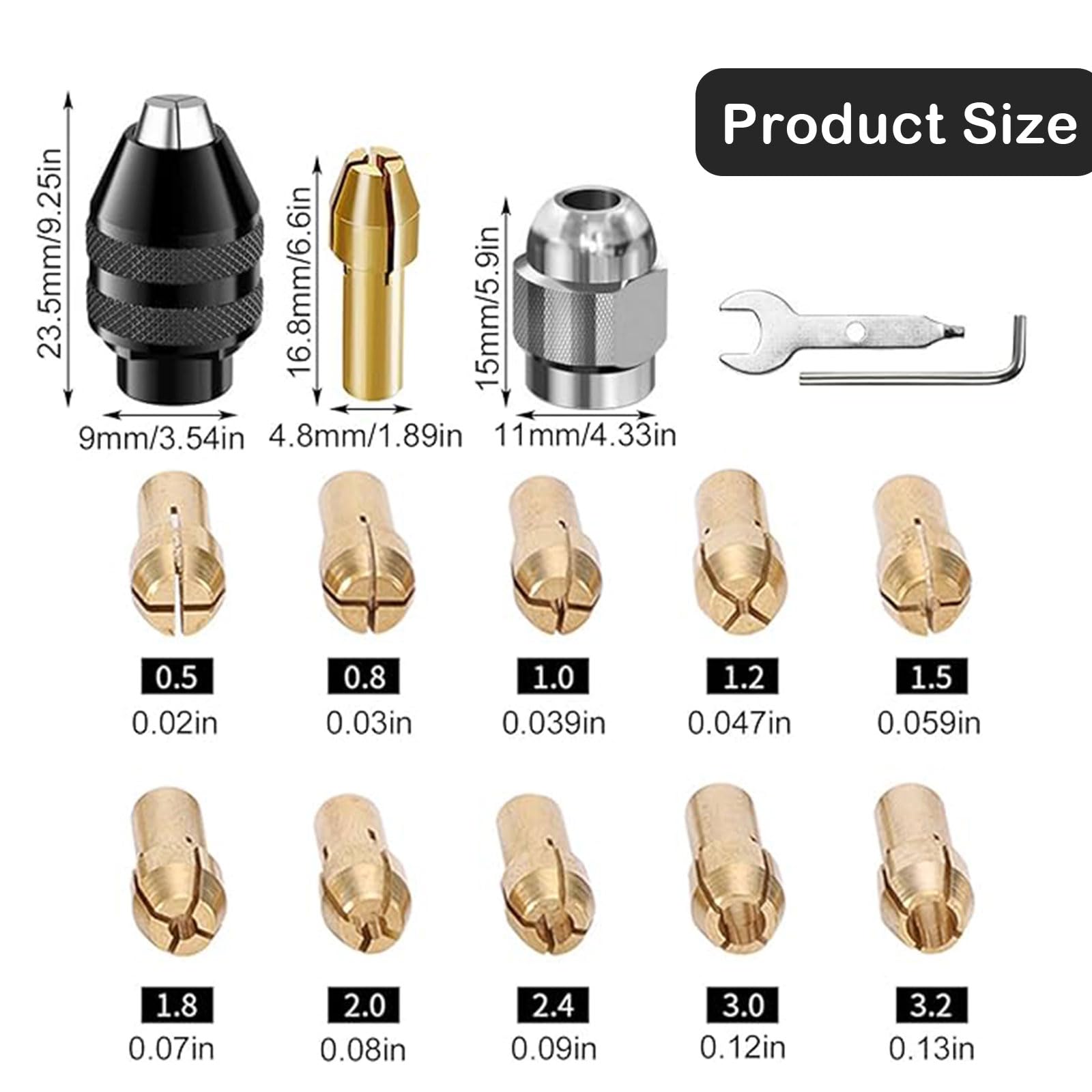 Drill Chuck Collet Set, 0.8-3.2mmBrass Collet Set Metal Nut with Replacement Brass Collet Metal Nut Rotary Tool Accessories - Image 2