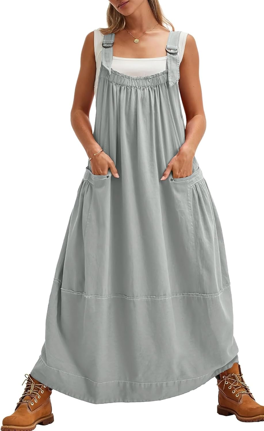 chouyatou Women's Cargo Overall Dress Sleeveless Adjustable Strap Safari Maxi Jumper Dress with Pockets