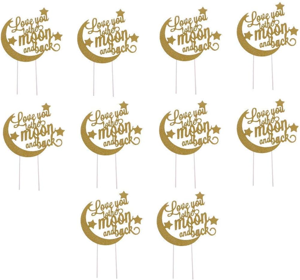 Wedding Cake Topper Love You To The Moon and Back Cupcake Toppers Toothpicks Dessert Cake Decor for Weddings Engagement Birthday Party - Golden