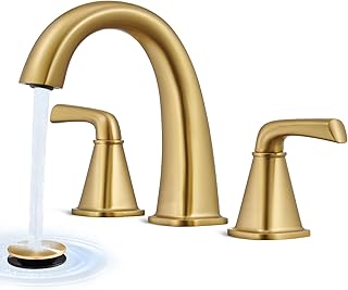 Gold Bathroom Faucet,Bathroom Faucet 3 Hole,Bathroom Sink Faucet | Brass Sink Faucets,Brushed Gold Bathroom Faucet,With Pop Up Drain And 2 Supply Hose For Vanity,Lavatory RV Farmhouse