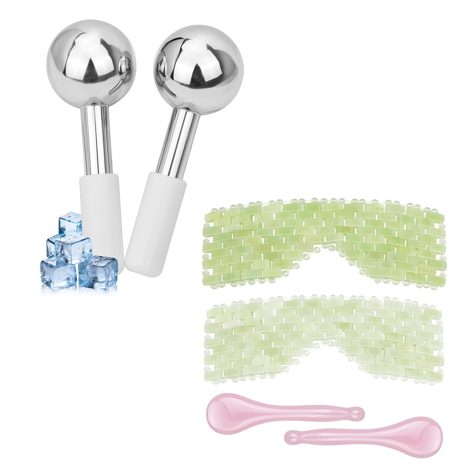 Ice Globes for Face & 4Pcs Jade Eye Mask & Skin-Safe Glass Facial Massage Tool, Jade Cooling Mask & Gua Sha Therapy Roller for Skincare Relieve Puffiness, Anti-Aging, Stress Relief