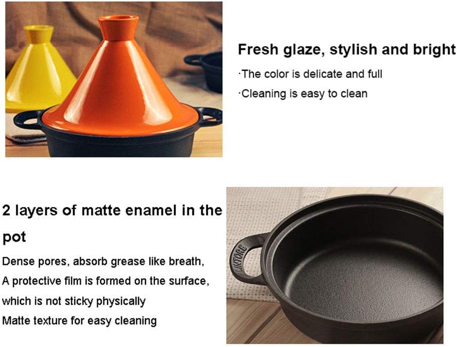 Household Cast Iron Pot Enamel Pot Amphora Pan with Cast Iron Bottom and Stoneware Funnel Lid For All Stove Types, Orange(Orange)