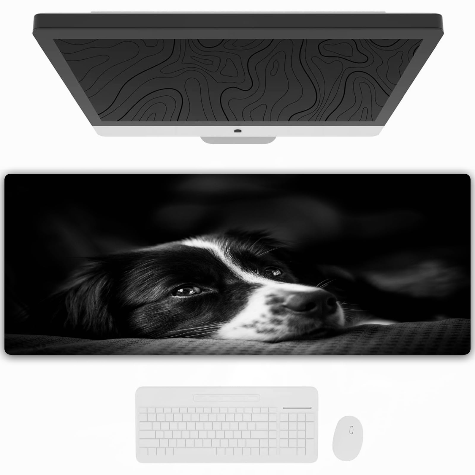 Tappetino per mouse da gioco,grande,antiscivolo,impermeabile,con bordi cuciti,Foto emozionale verso il basso border collie in bianco e nero,per gaming,ufficio,casa,40x90 cm