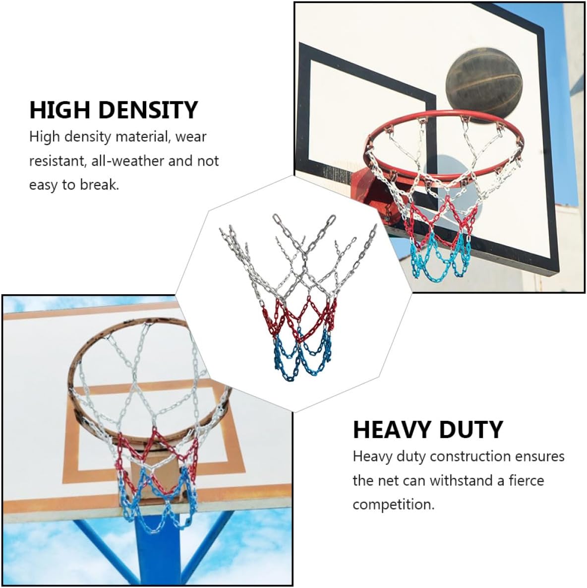 Tricolor Heavy Duty Basketball Net 12 Steel Chains, Outdoor Sturdy Basketball Mesh for Indoor and Outdoor Court Use