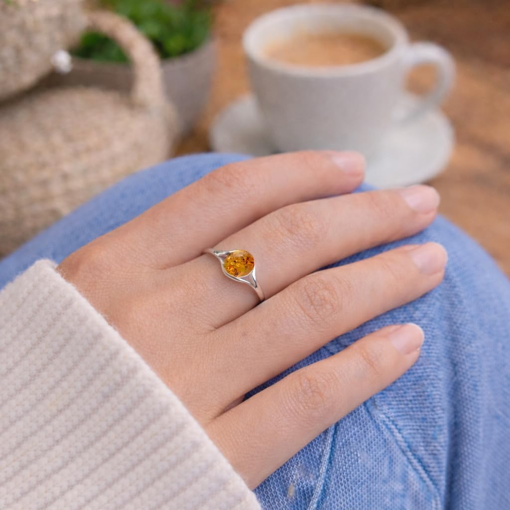 HolidayGiftShops Sterling Silver Baltic Honey Amber Ring “Khloe” – Oval Genuine Baltic Amber, 925 Silver Modern Open Setting, Handcrafted Amber Jewelry Gift for Women - Image 3