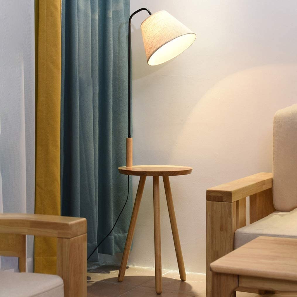 Standing Lamps Lampa Podłogowa Z Półką Nowoczesne Lampy Stojące Drewniana Podstawa Statywu I Abażur Tkaniny E27 Do Czytania Stojąca Podłogowa Salonu(Black,Foot switch)