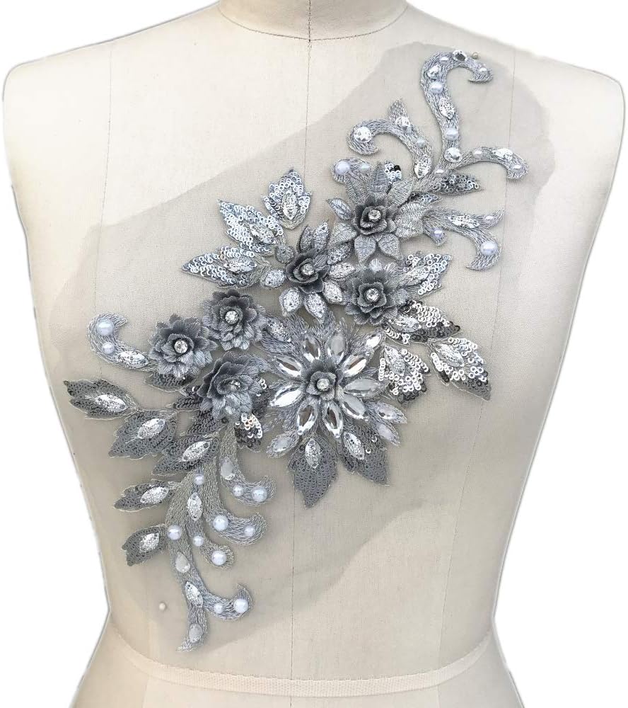 1938cm 3D Colorful Flower Mesh Embroidered Rhinestone Lace Beaded Applique with Sequins DIY Lace Fabric Trim for Clothes Accessories Hardware (Gray)