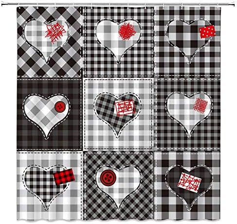 Heart Plaid Shower Curtain Retro Buffalo Checks Hearts Tartan Patchwork Rustic Farmhouse Romantic Country Love Creative Artwork Fabric Polyester Bathroom Decor with Hooks(70" WX70 H)