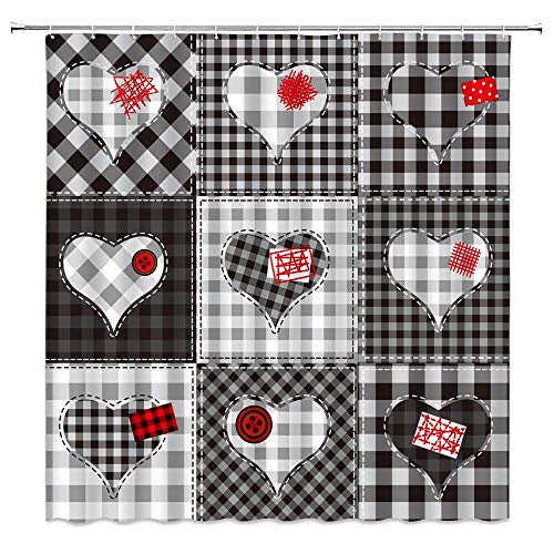 Heart Plaid Shower Curtain Retro Buffalo Checks Hearts Tartan Patchwork Rustic Farmhouse Romantic Country Love Creative Artwork Fabric Polyester Bathroom Decor With Hooks(70" Wx70 H) #TOP2