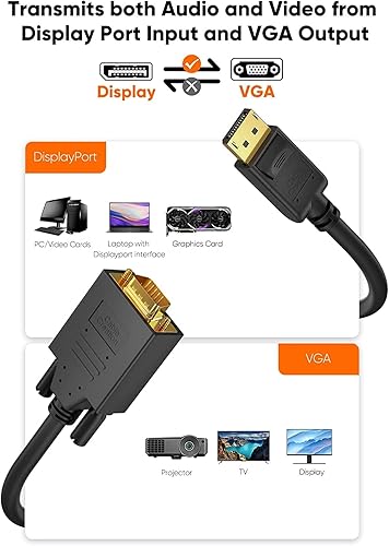 Vista 4 de CableCreation Cable DP a VGA de 6 pies, negro, soporta 1080P a 60Hz, conecta dispositivos DisplayPort a monitores, pantallas o proyectores VGA