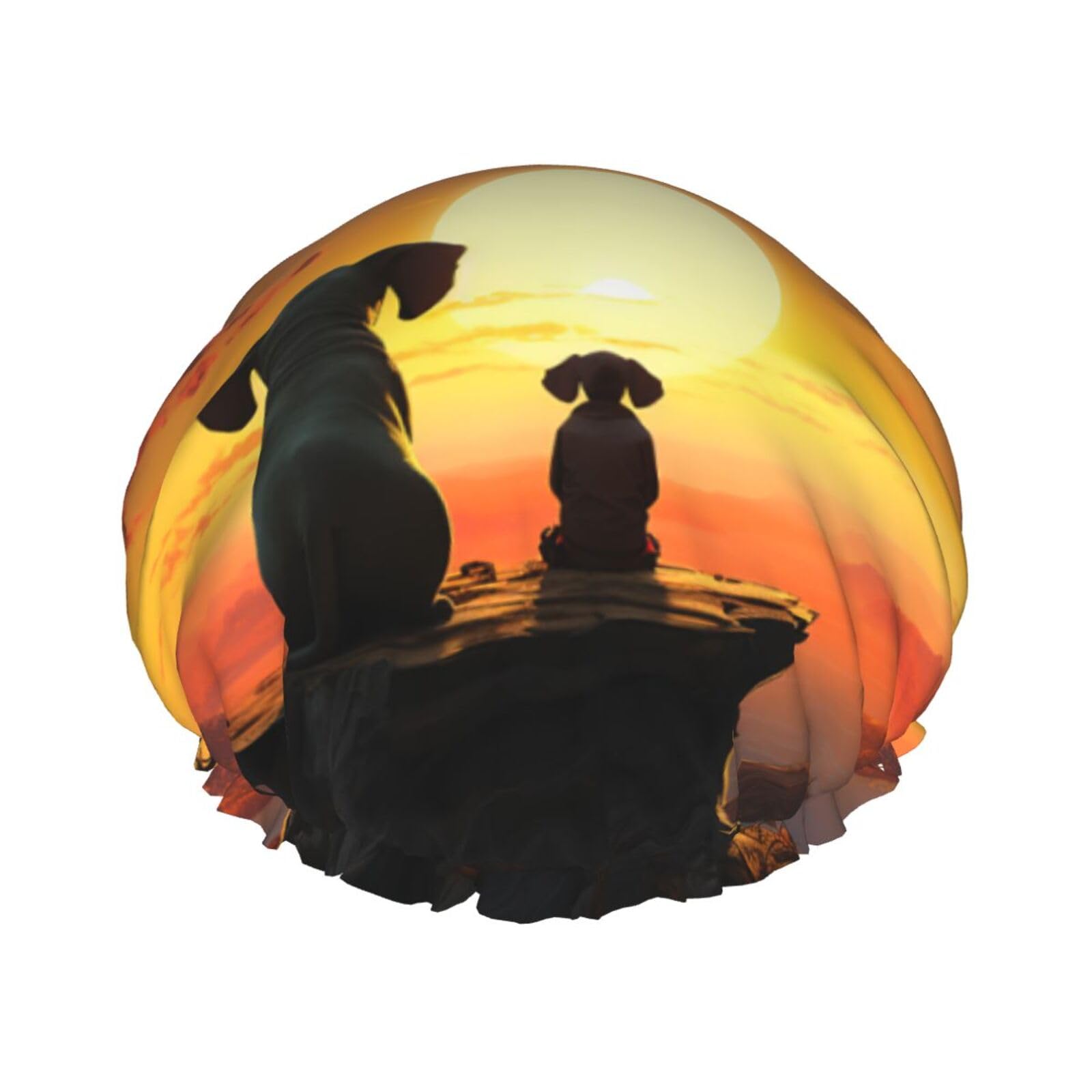 Elephant and Dog Watch The Sunset Shower Cap for Women Reusable Waterproof Shower Bonnet Washable Elastic Band Bath Hair Hat Double Layered Bath Cap Extra Large for Long Hair