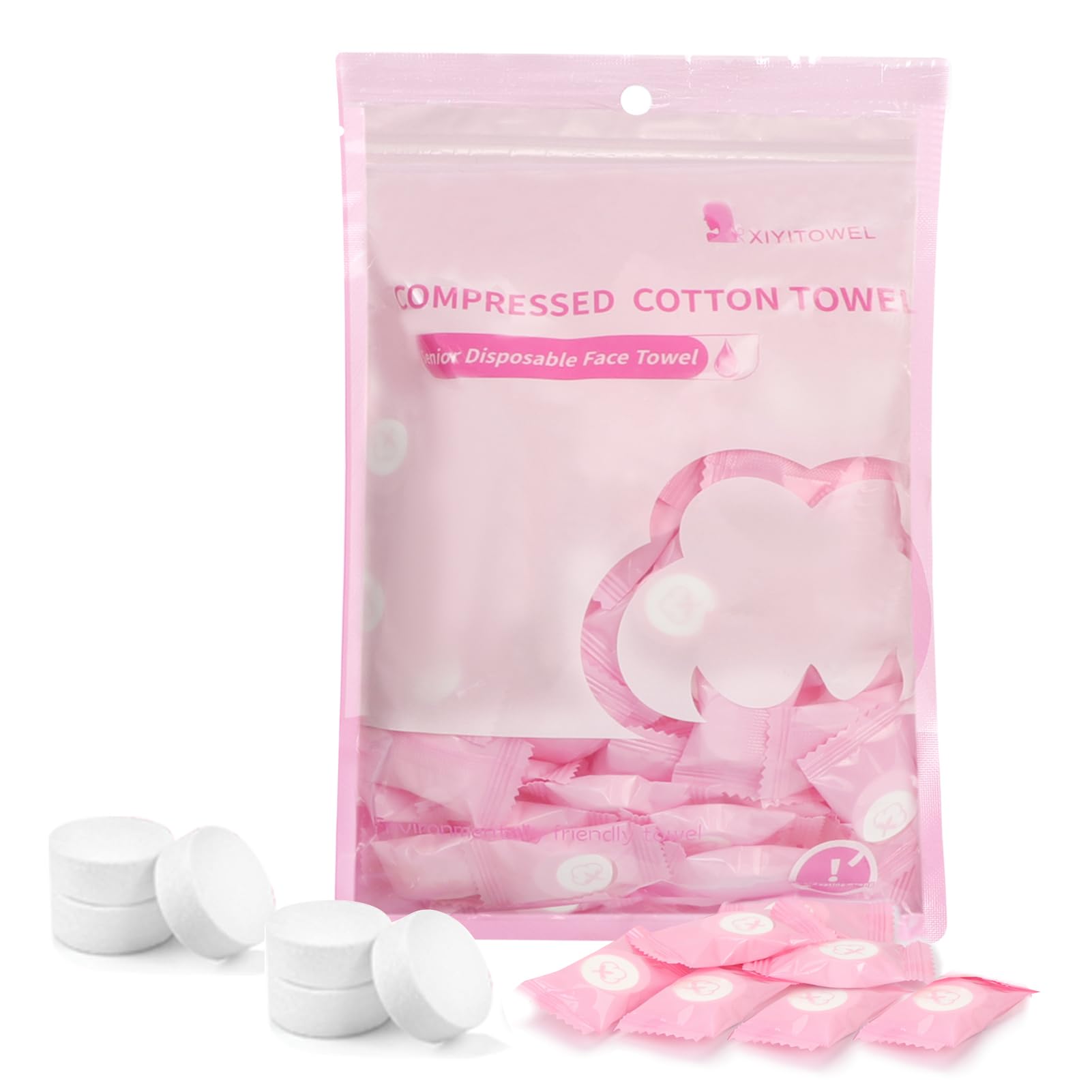 SyuCeia Compressed Towels Tablets - 100% Cotton, 100PCS Portable & Disposable Face Cloths for Travel, Camping, Hiking & Makeup Removal (Pink)