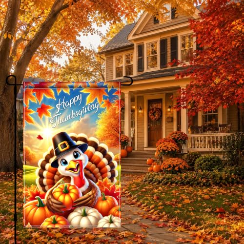 Image of BlissYard Happy Thanksgiving Garden Flag Cute Turkey Pumpkin 12x18 Inch | Double sided polyester, Happy Thanksgiving turkey design, cheerful harvest decor for porch and yard