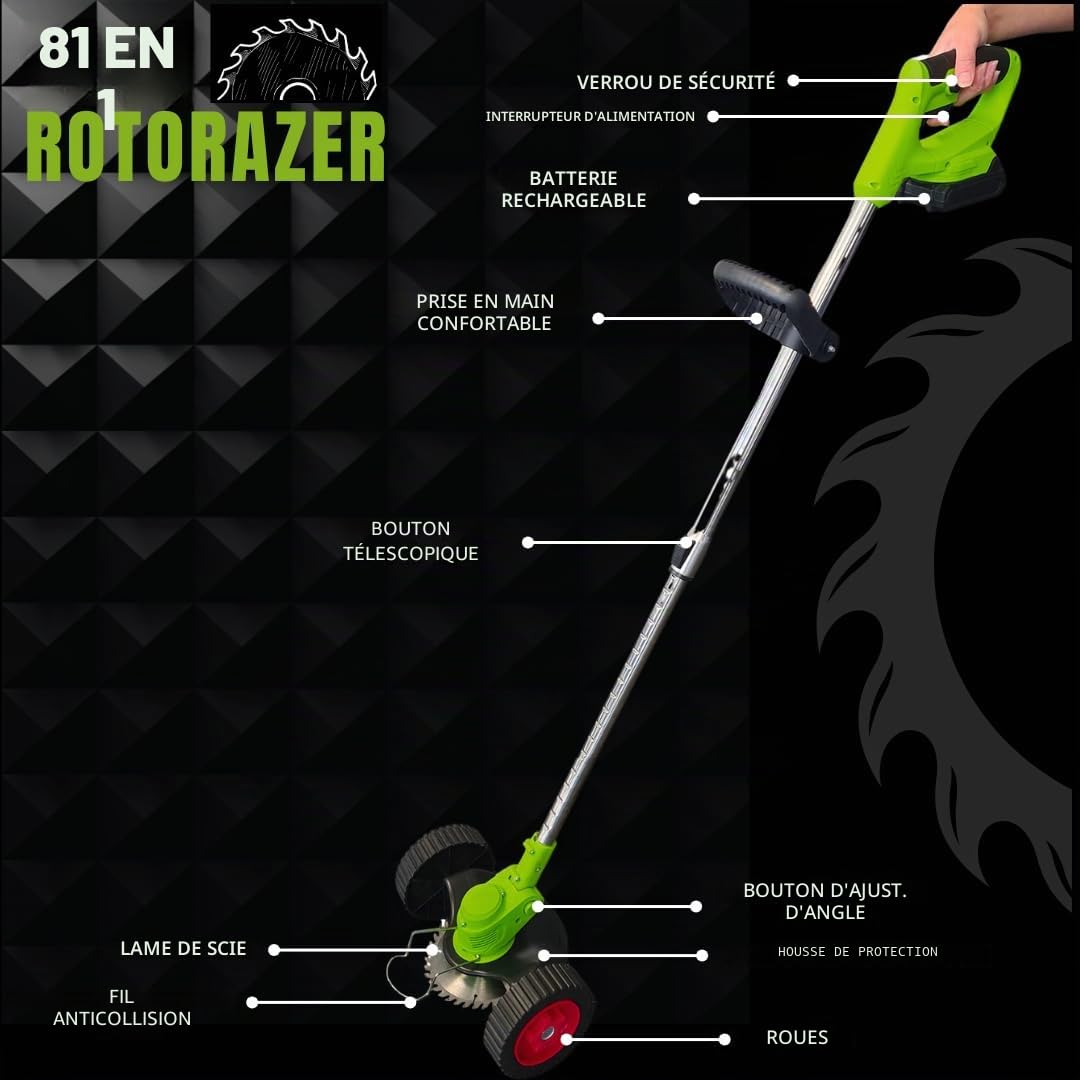 Best Direct Rotorazer Débroussailleuse électrique 8 en 1, 2 batteries 21 V, coupe-bordures, tondeuse, coupe-gazon, divers accessoires, tête pivotante à 90° (tondeuse + 2 batteries + 3 lames)