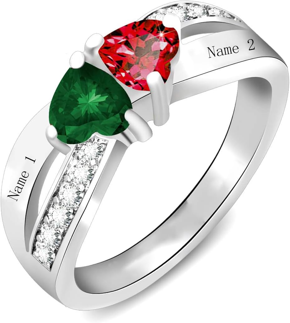 Personalized Moissanite Heart Name Rings with 2-6 CZ Birthstone, Sterling Silver Customized Birthstone Rings for Mom Women Jewelry for Women Mothers Day Birthday