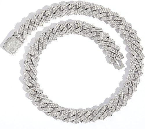 Cadena de eslabones cubanos de 0.551 in chapada en oro blanco de 18 quilates, collar de cadena de diamantes brillantes 5A+ con circonita cúbica
