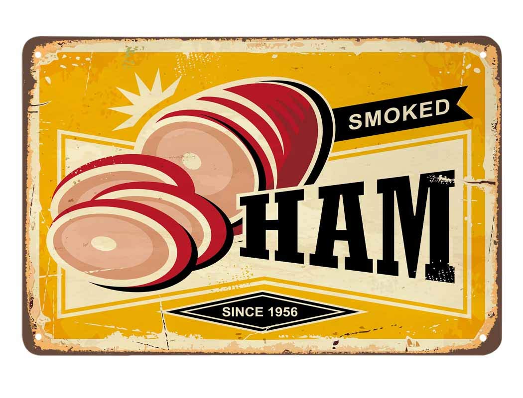 SMAZDFXX Ham Tin Sign,Smoked Meat Meal Chop Cooking Delicious Restaurant Vintage Metal Tin Signs for Cafes Bars Pubs Shop Wall Decorative Funny Retro Signs for Men Women 8"x12"