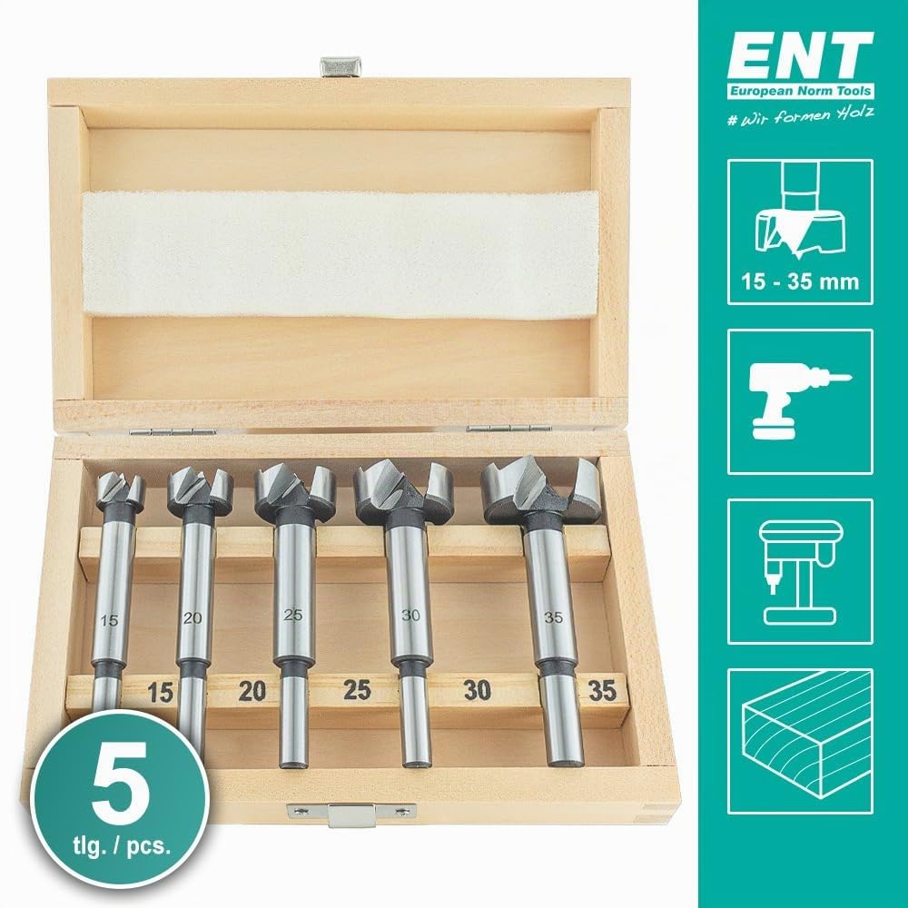 ENT 25100 Set de 5 mèches Forstner Ø 15–35 mm en acier à outils, pointe de centrage, pour trous borgnes, dans coffret en bois