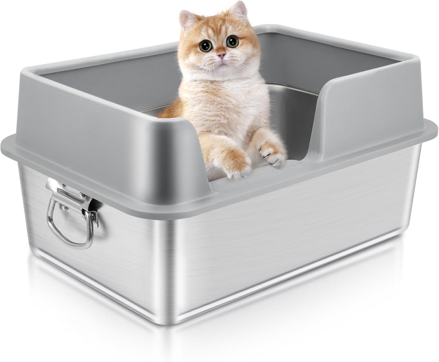 Stainless Steel Litter Box with High Sides,Anti-Splashing Large Cat Litter Box with Handle,Non-Sticky Metal Litter Box,Anti-Leakage Big Litter Box,Kitty Litter Box (Grey,Large) Large Grey
