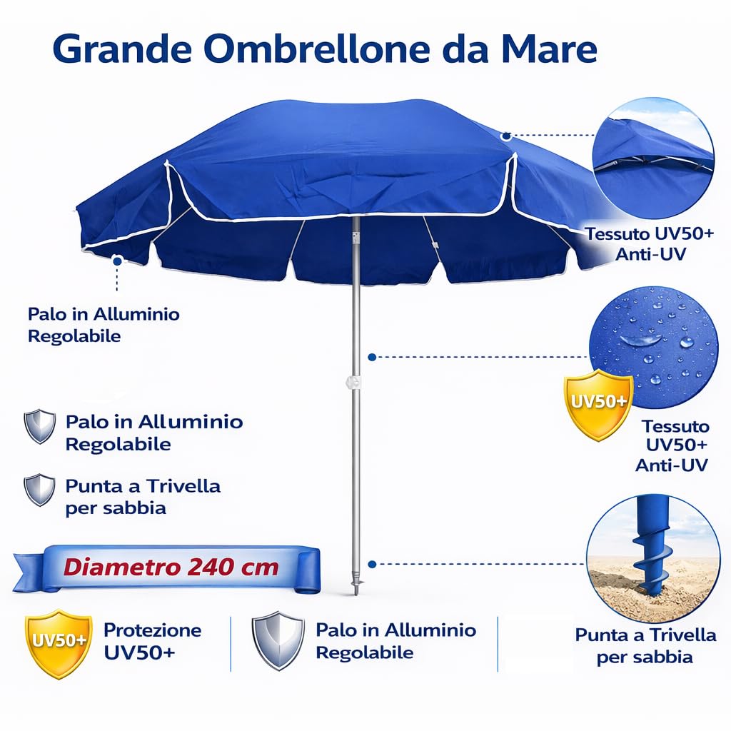 DANYX Ombrellone XXL Mare Spiaggia 240cm Palo Alluminio Stecche Fibra di Vetro Antivento Protezione UV50+ Inclinabile con Custodia e Punta a Trivella