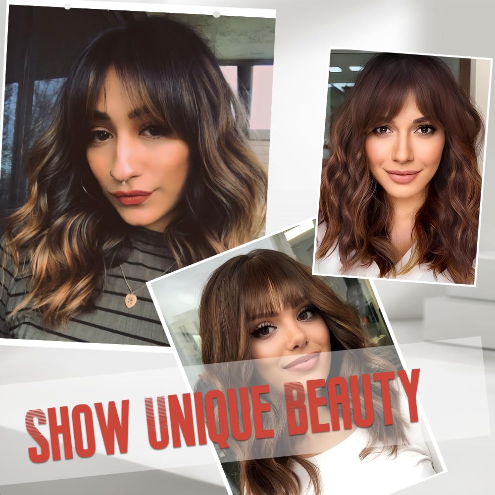 Short Brown Wavy Wigs with Bangs 14Inch Blonde Highlight Curly Bob Wig for Women Shoulder Length Natural Looking Hair Replacement Wig for Daily Party Use Cosplay Costume Halloween Wig