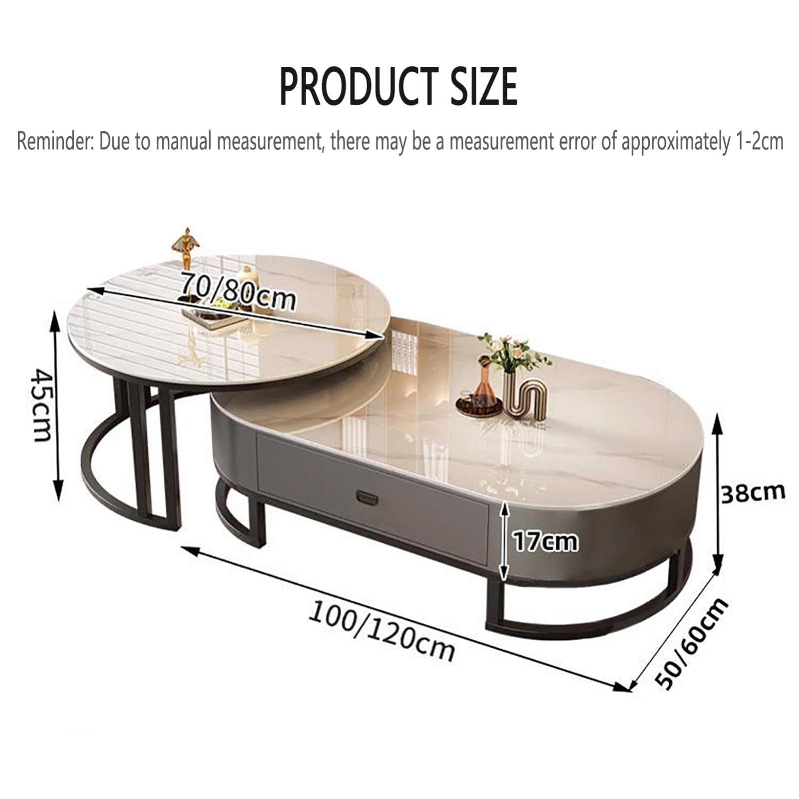 Set di 2 tavolini da caffè ovali in pietra per soggiorno, moderno tavolino da caffè annidato con struttura in acciaio, tavolino rotondo moderno per soggiorno, camera da letto, F, 80 x 45 + 120 x 60 x