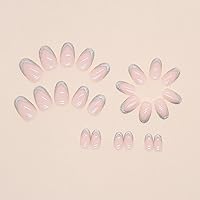 Vista 4 de Uñas postizas cortas redondas SWEKKE con punta francesa, uñas postizas plateadas, cobertura completa, uñas postizas brillantes con pegamento