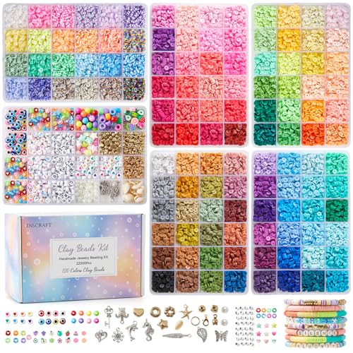 INSCRAFT 22000 Pcs Clay Beads for Bracelet Making Kit 120 Colors Flat Round Polymer Clay Beads Friendship Bracelet Kit Heishi Beads for DIY Jewelry Making Crafts Gift for Girls Teen Ages 6-12