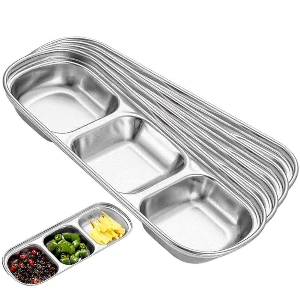 Lipfer Stainless Steel Sauce Dish Spice Plates 4pcs Rectangle Divided Dipping Tray Ketchup Dipping Bowls for Home Restaurant