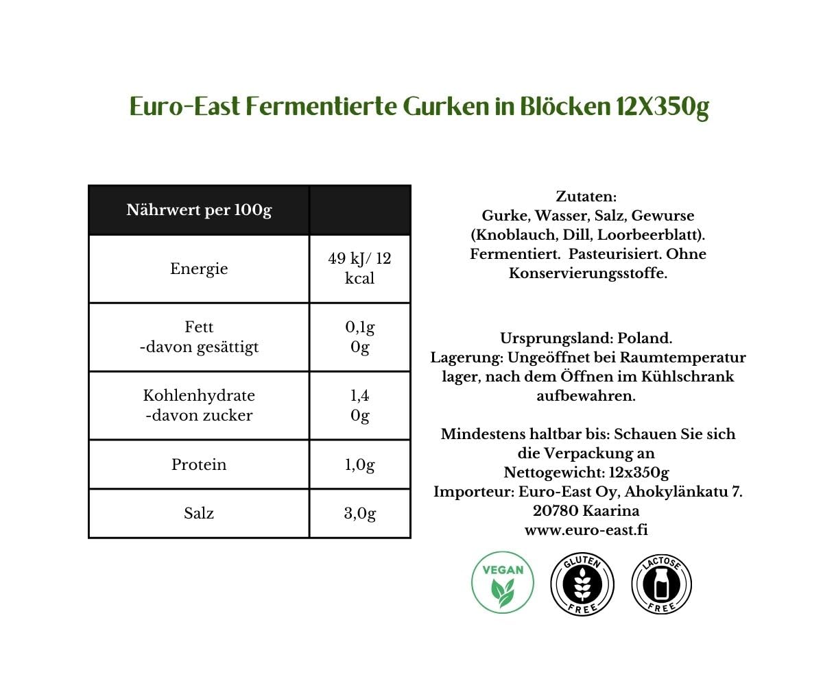 East-Euro Lot de 12 blocs de concombres fermentés dans un pot en verre x 350 g | Excellent complément à une variété de plats | Fabriqué par acidification | Lait concombres acides 12 x 350 g/220 g