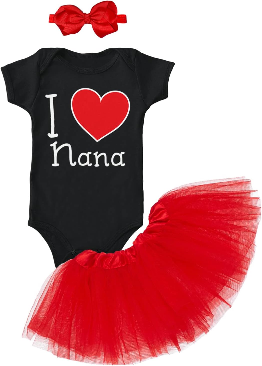 Tcombo I Love Nana - Valentine's Day Baby Bodysuit + Tutu Skirt + Bow Headband Set