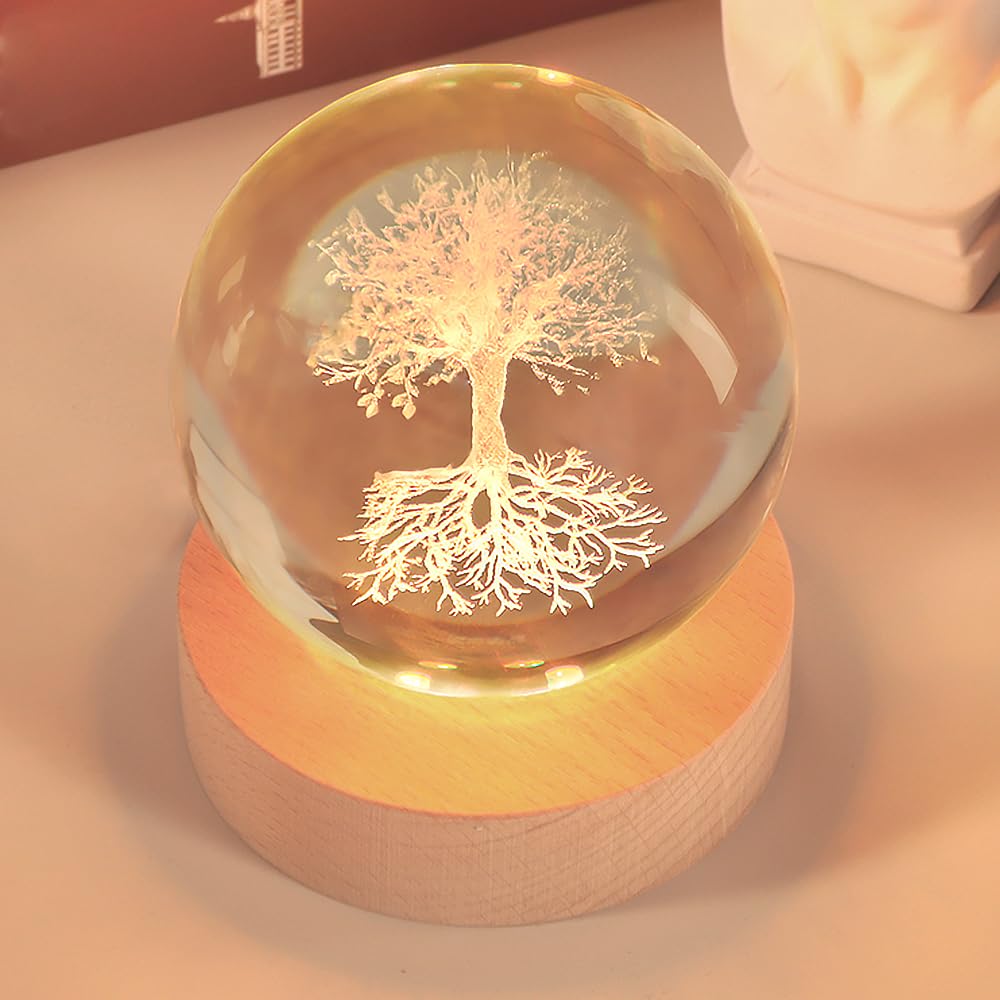 3 15In Tree of Life Crystal Ball Lamp with Wooden Base 3D Crystal Ball Night Light 16 Colors