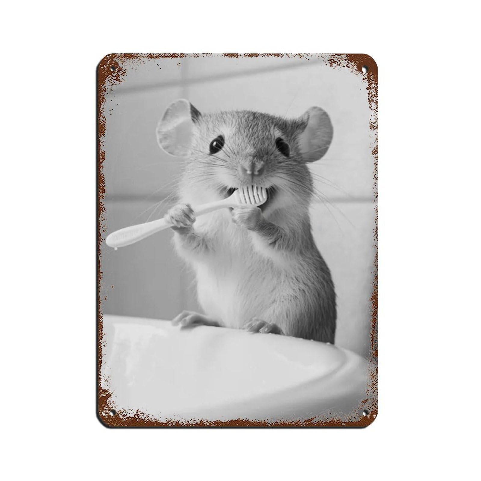 Mouse Brushing Teeth, Funny Bathroom Art Retro Poster Metal Tin Sign Chic Art Retro Iron Painting Bar People Cave Cafe Family Garage Poster Wall Decoration 12x16inch(30x40cm)