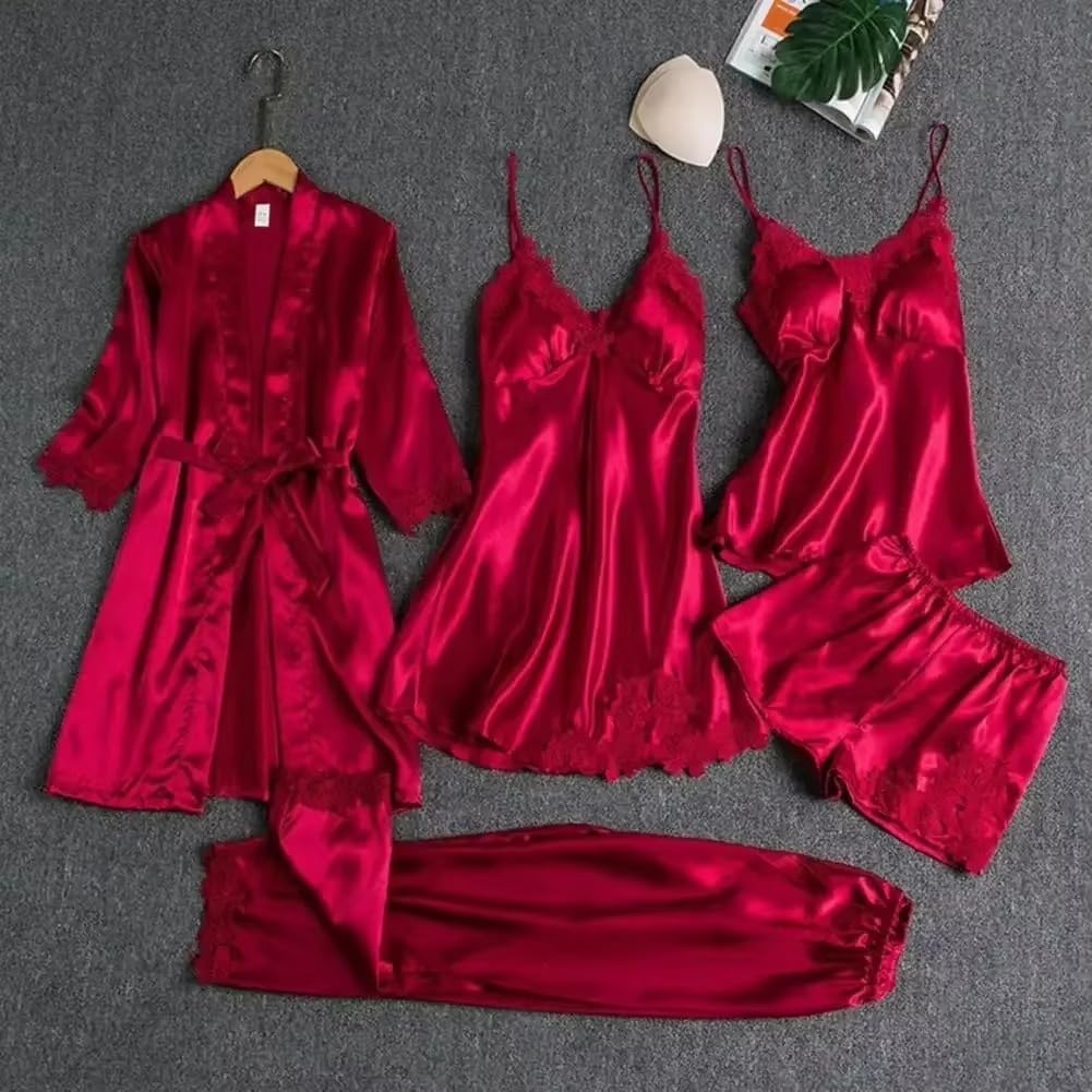 Women's 5-Piece Satin Pajama Set, Lace Robe, Nightdress