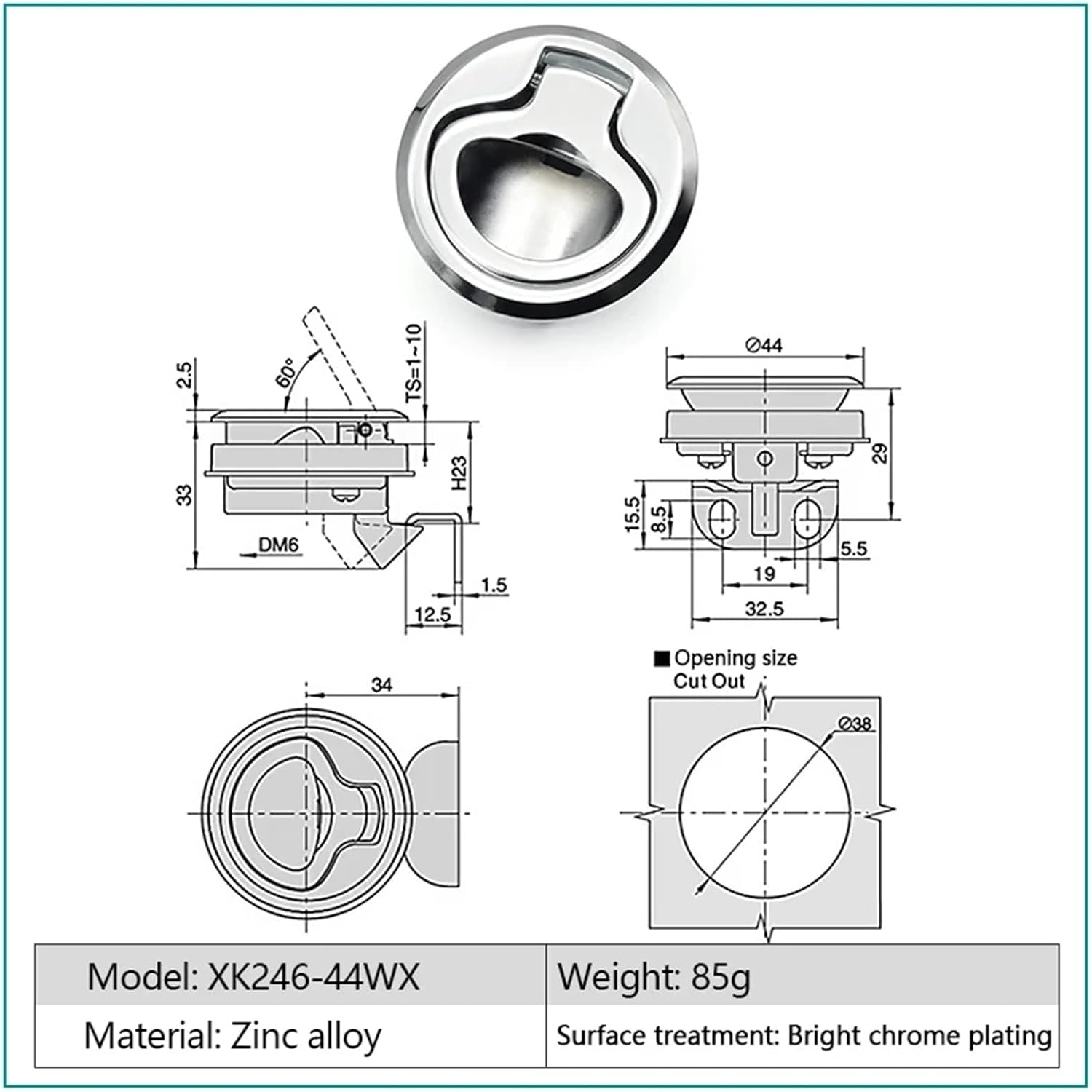 XK246-44 Same As Small Round Handle Pull Ring Cam Lock Marine Latch With Car And Ships 1Pcs(XK246-44WX)