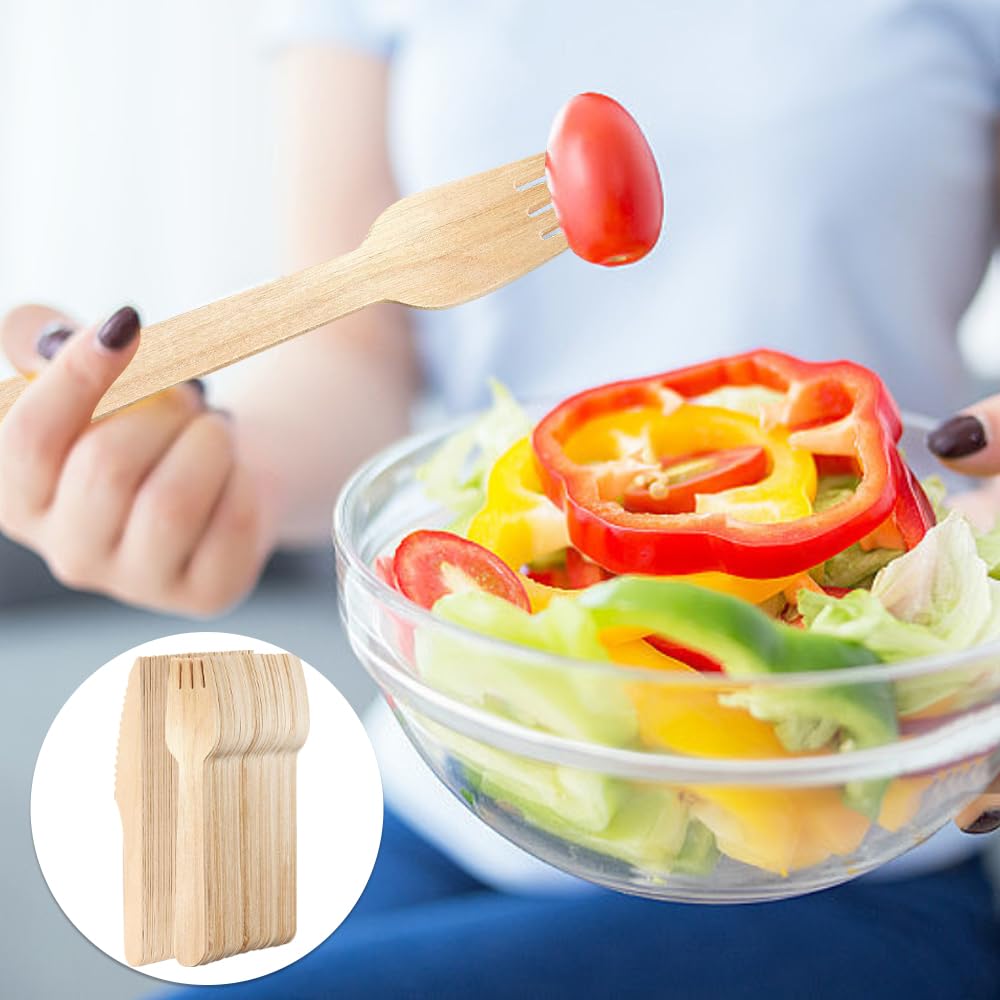 Sztućce drewniane, 200 sztuk jednorazowych sztućców, 100 sztuk drewnianych noży, 100 sztuk drewnianych widelców, 100% drewna brzozowego, zestaw sztućców drewnianych na imprezę, urodziny, kemping i
