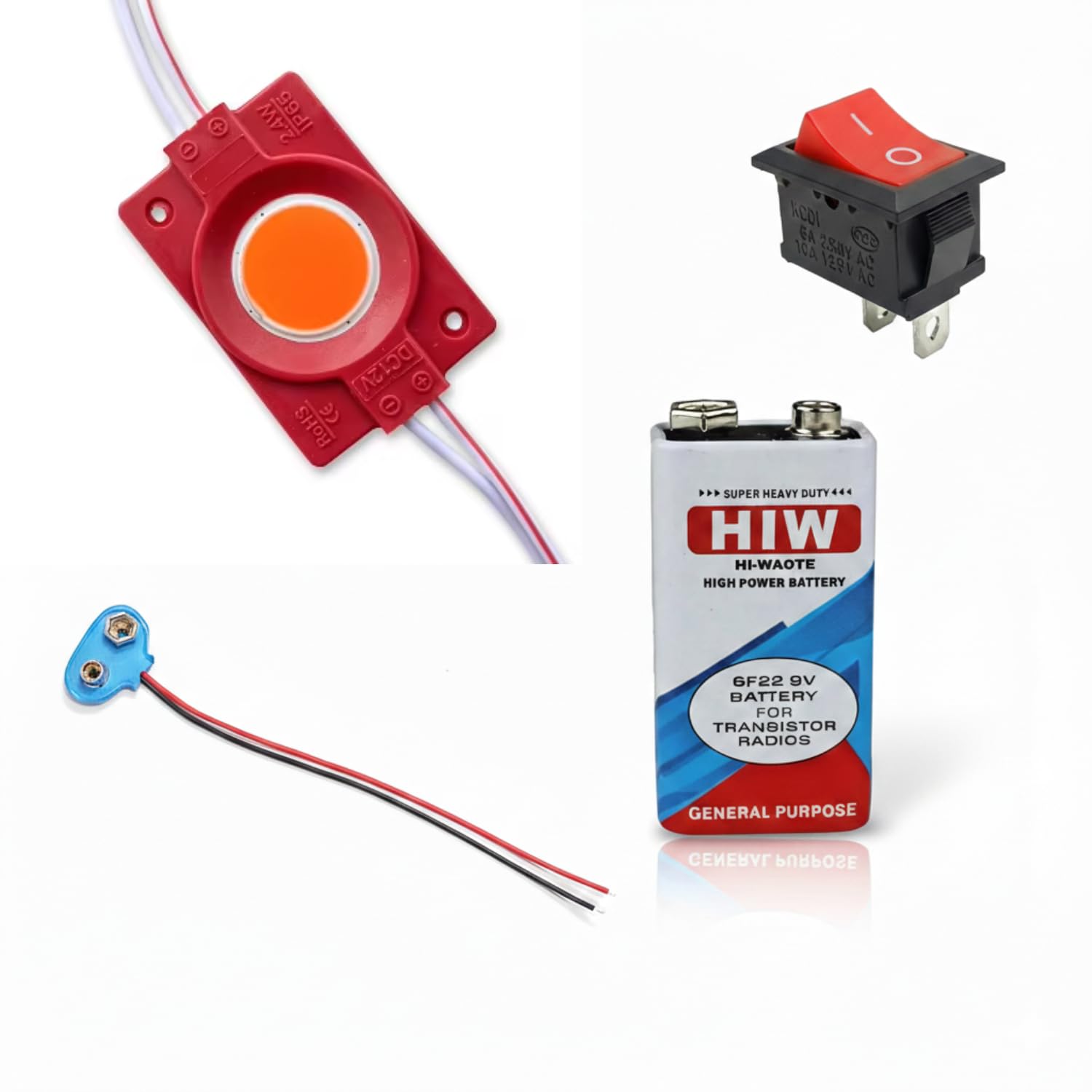 COMBO OF 12V RED COIN LED Light Module Kit with 2 PIN ON/Off Rocker Switch, 9V Battery & Battery Clip Connector – DIY Mini Lighting Power Set-image-23