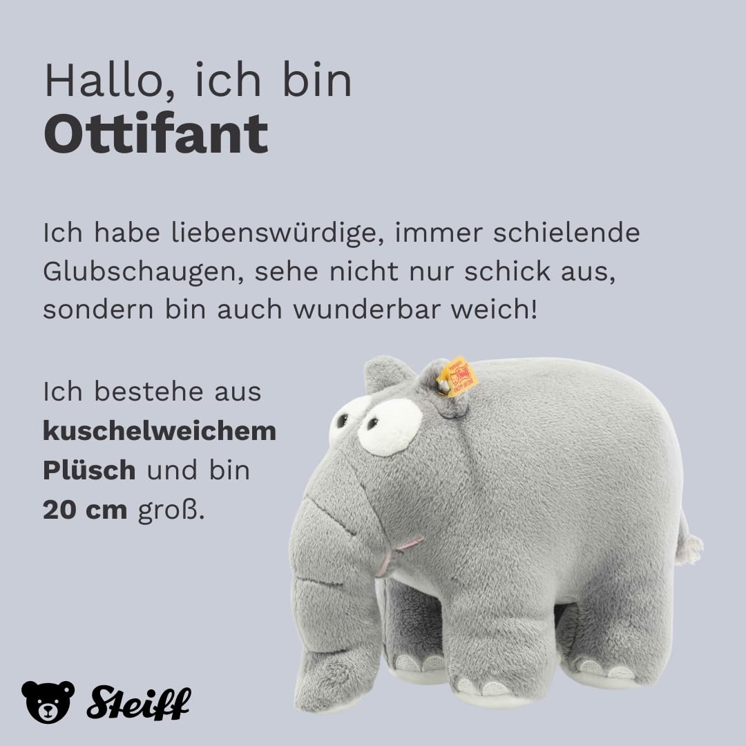 Steiff Kuscheltier Ottifant, Süßes Stofftier mit Kunststoffaugen, Kinder, Jungen & Mädchen, Plüschtier 20 cm, Hellgrau, 674006