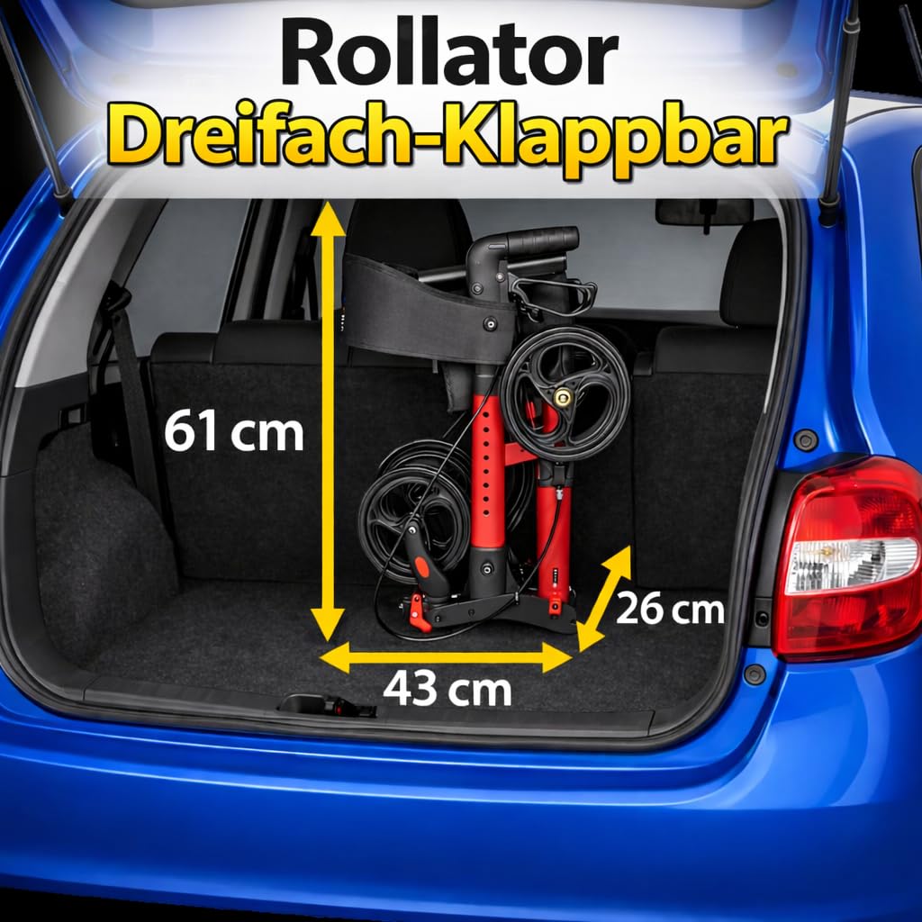 Kofferraum Rollator von FabaCare, Kompakt-Rollator, Dreifachfaltbar – Leichtgewicht, Vollausstattung, höhenverstellbar, Aluminium, bis 136 kg belastbar – platzsparend für Auto, Reise & Alltag, Weinrot