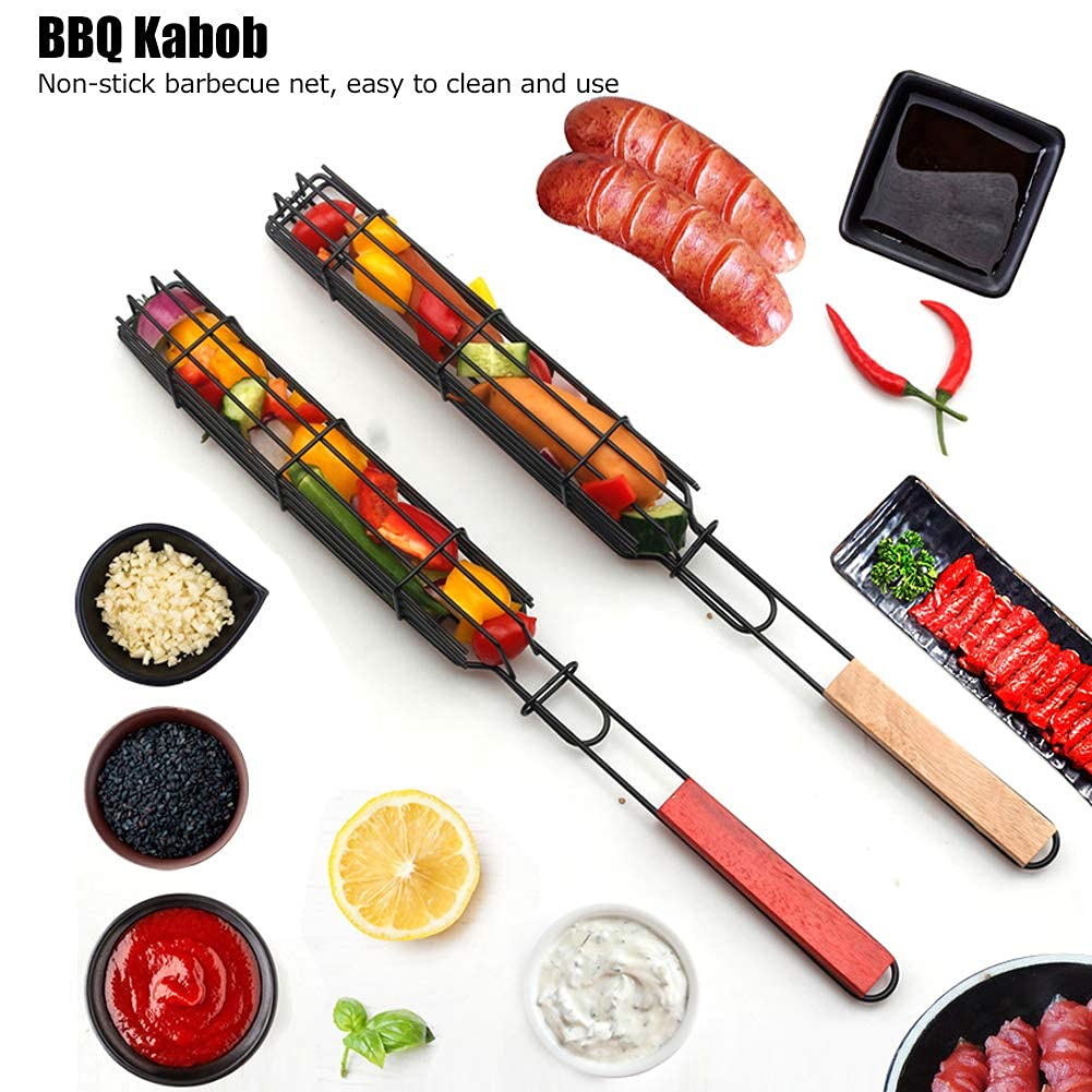 2 pièces paniers grille pour barbecue, grille de barbecue avec poignée en bois pour kebab, saucisse, légumes, poissons, crevettes, 49 x 4,7cm