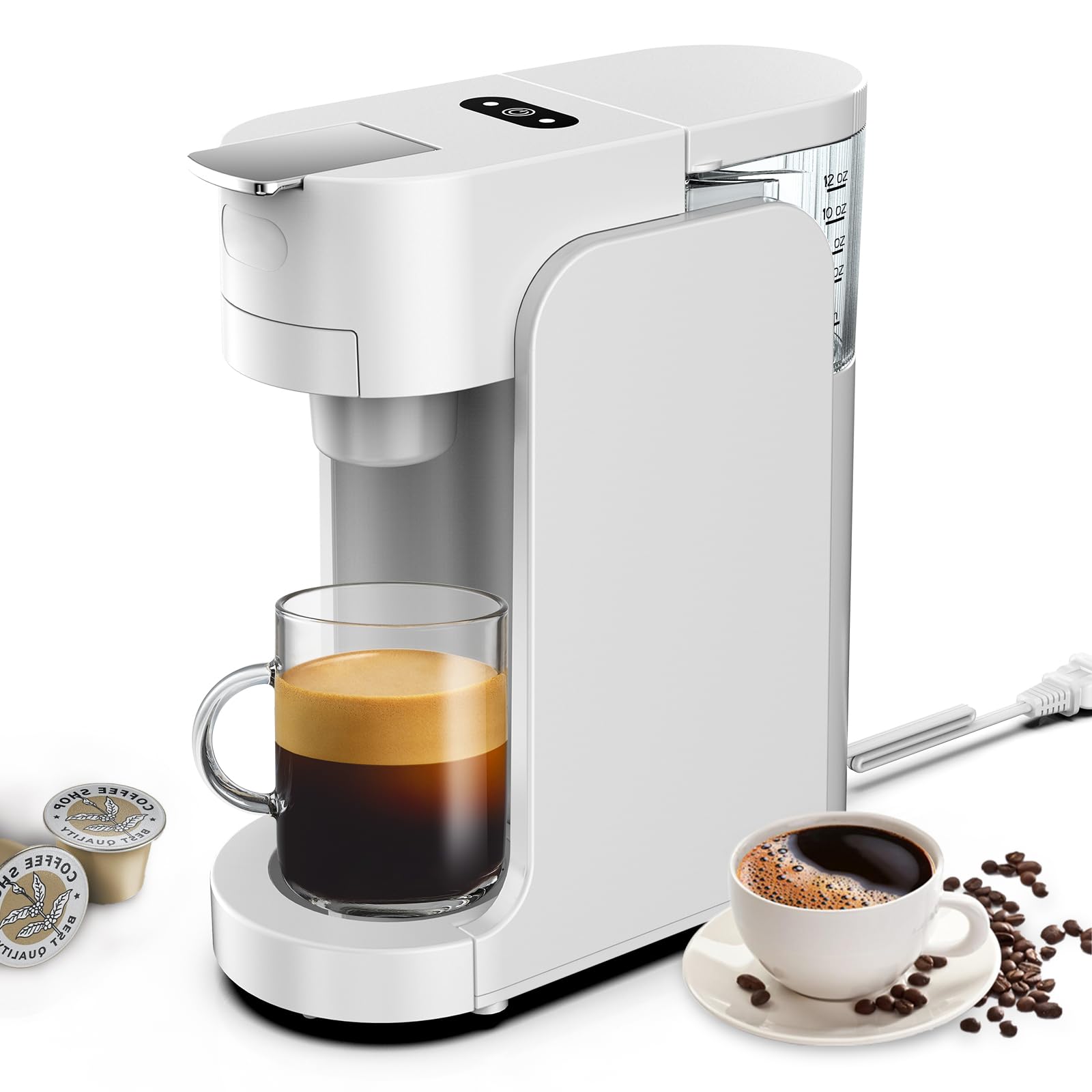 Eznaobo K-Mini Kapsel-Kaffeemaschine K-Cup Einweg-Kaffeemaschine für Kaffeepads, 3 Brühgrößen, starker Knopf, abnehmbarer Tank von 350 ml, Espressokocher, sehr für Kaffeepulver (weiß)