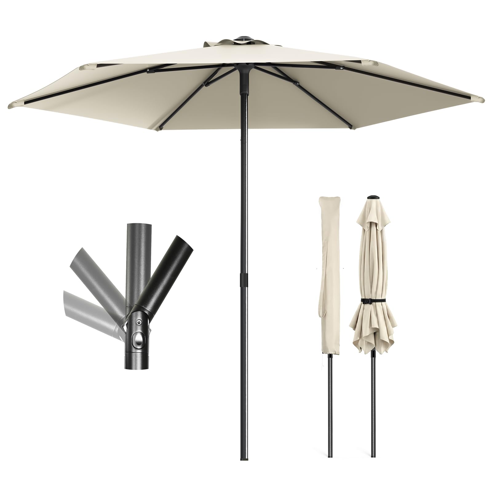 VOUNOT® 270cm Garden Parasol, UV50+ Sun Umbrella with Shoulder Carry Bag, Tilting Umbrella, Sun Shade for Outdoor, Patio, Garden, Beige Black