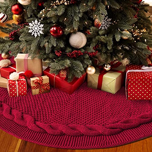 Limbridge Christmas Tree Skirt, 48 Inches Cable Knit Knitted Thick Rustic Xmas Holiday Decoration, Burgundy #TOP6