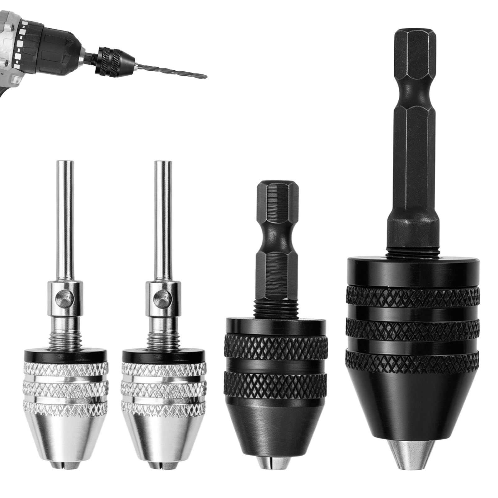 4pcs Drill Chuck Adapter, 1/4 1/8 1/16 Inch Hex and Round Shank Drill Bit Adapter Keyless Chuck for Power Tools (0.3-6.5mm, 0.3-3.6mm, 0.3-3.2mm)