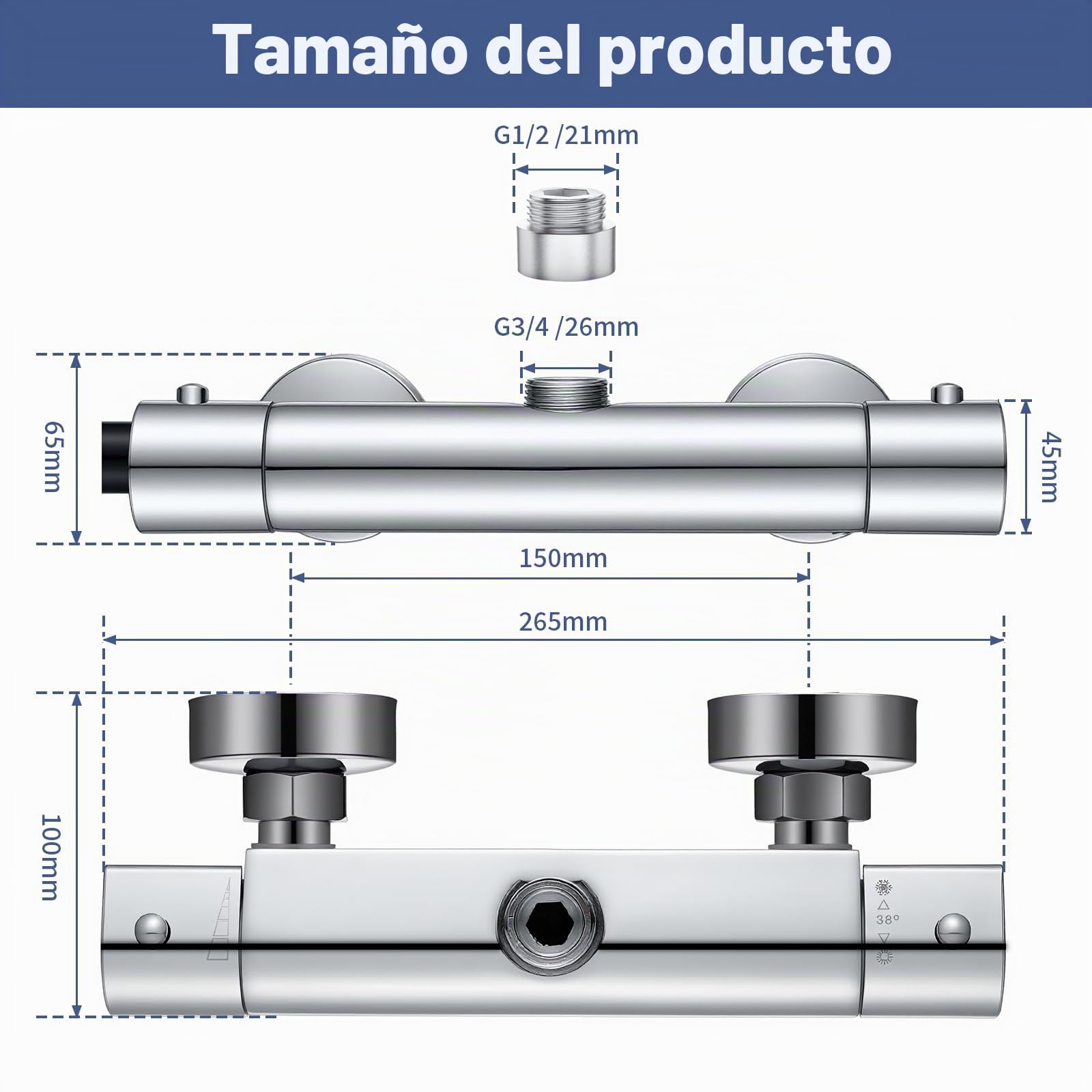 Barra mezcladora termostática para ducha, salida superior de 3/4 pulgadas BSP, válvula mezcladora termostática de latón a 38 °C, antiquemaduras, con adaptador de tubo BSP de 3/4 pulgadas a BSP de 1/2